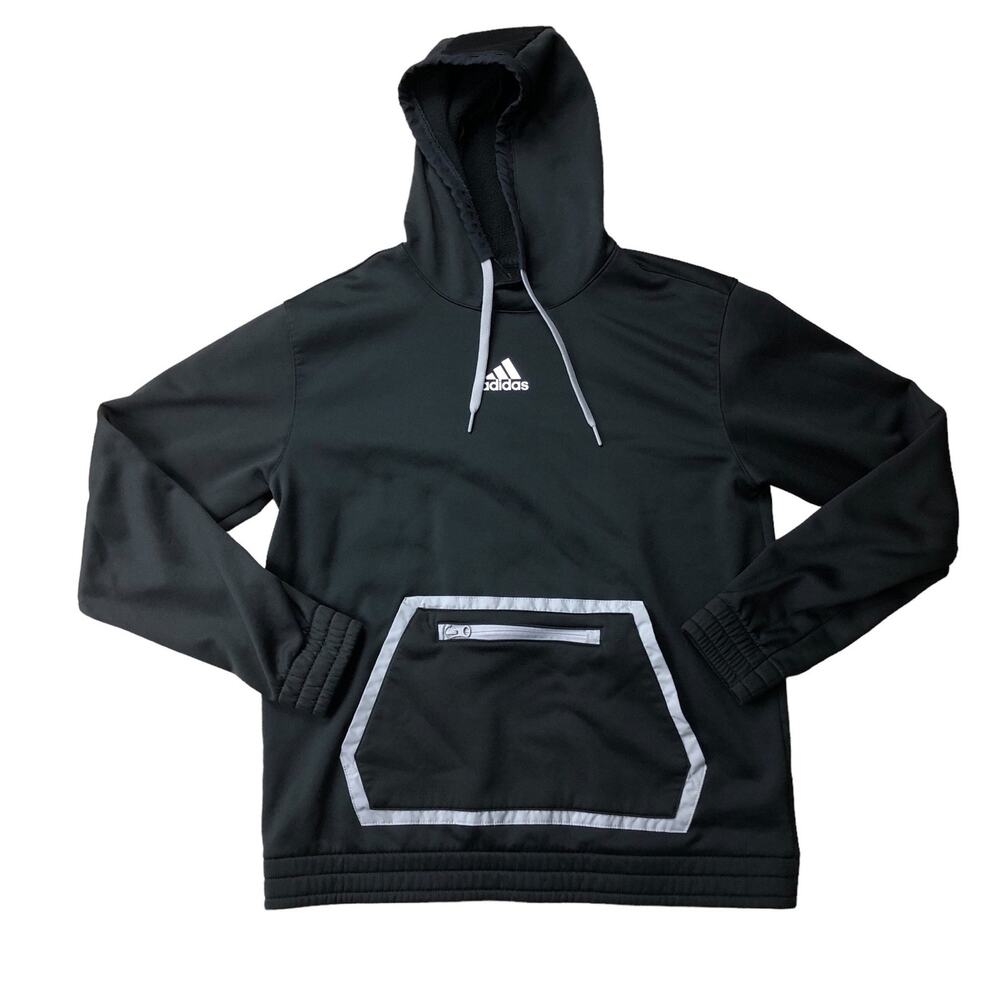 Adidas pull over hoodie, front kangaroo pocket zipped pocket size large